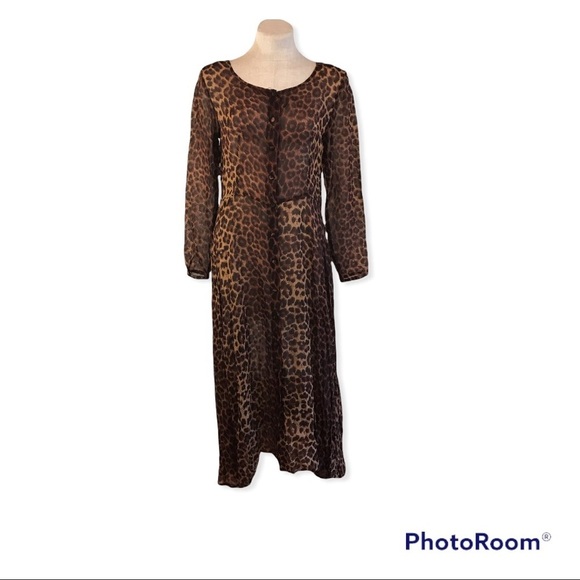 Vintage 90s Womens Maxi Dress Long Sleeve Sheer Leopard Print Brown Tan Small - Picture 4 of 9